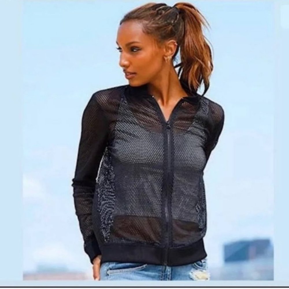 Victoria Sport black mesh long slv zip front short jacket polyester Small EUC …